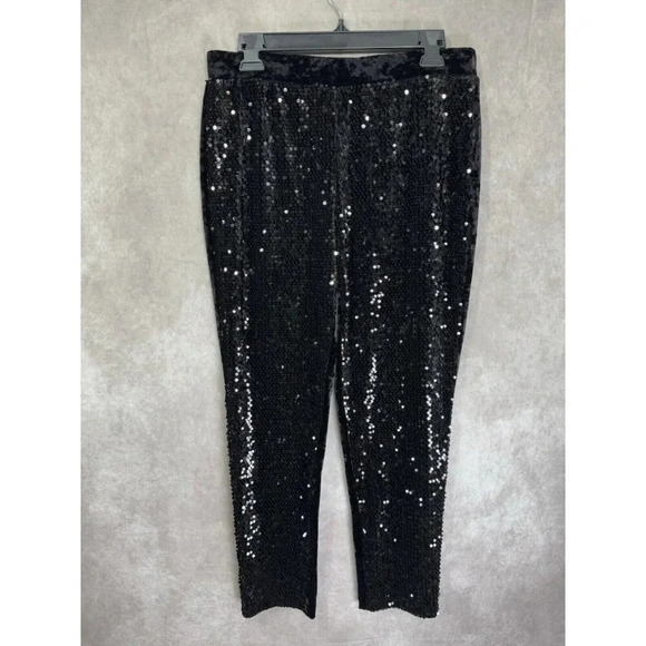 Chico’s Pants Womens 0.5 (S/6) Black Sequin Velvet Tapered Ankle Pull-On Hi Rise - Picture 3 of 11